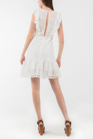 Weißes, ärmelloses Kleid aus Spitze mit Rückenschlitz und besticktem Saum.