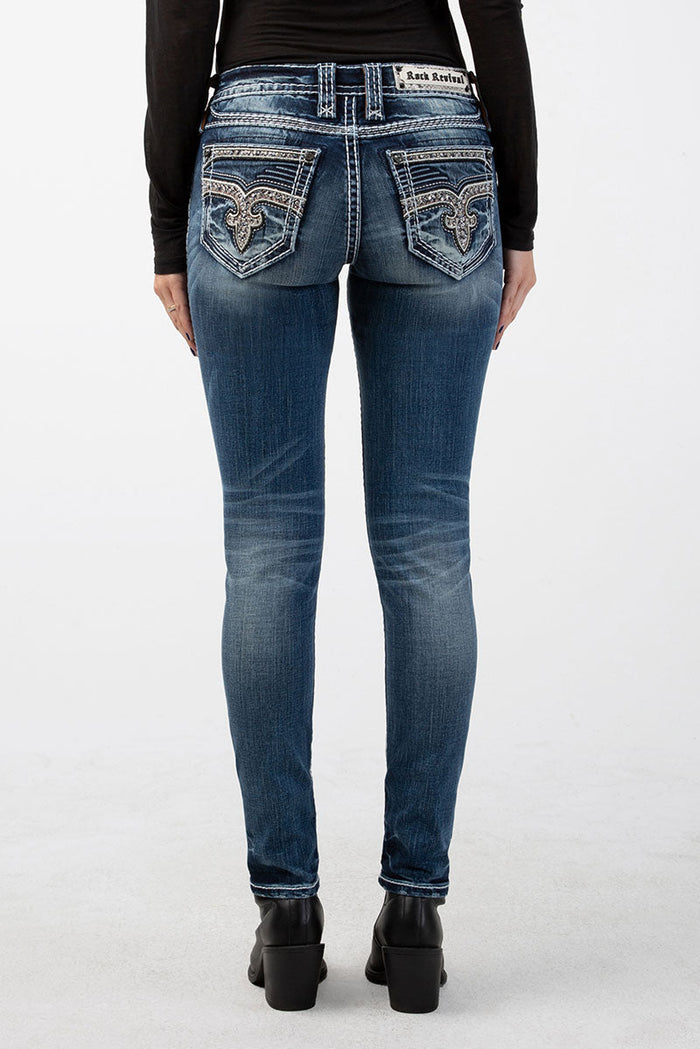 Damen Skinny Jeans in mittlerem Blau mit stilvollen Taschenstickereien und Kontrastnähten.