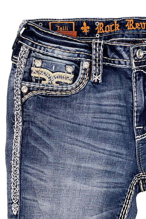 Blaue Straight Fit Damenjeans mit Ziernähten und Rock Revival Logo am Bund.