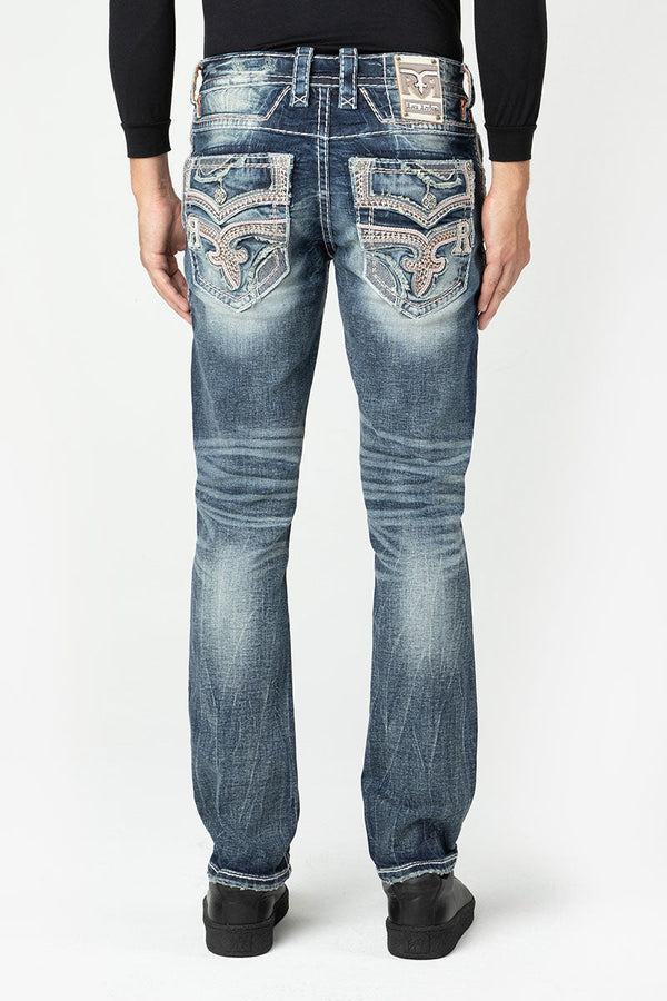 Dunkelblaue Herren-Jeans mit Used-Effekten und aufwändigen Taschenstickereien.