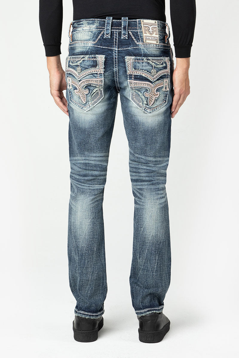 Dunkelblaue Herren-Jeans mit Used-Effekten und aufwändigen Taschenstickereien.