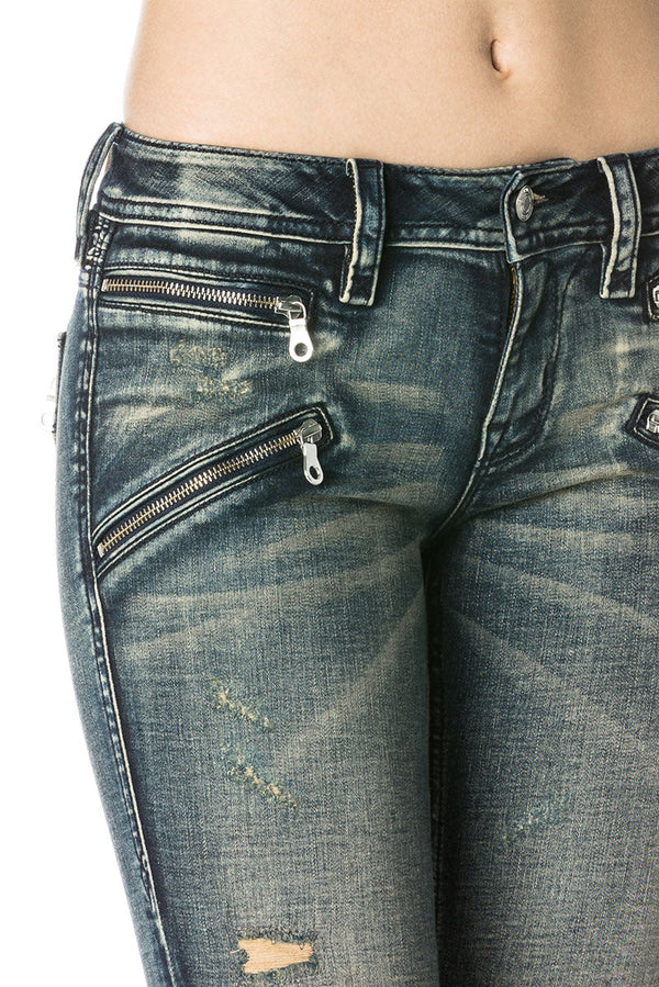 Skinny Jeans in dunklem Denim mit Reißverschlusstaschen und Used-Optik.