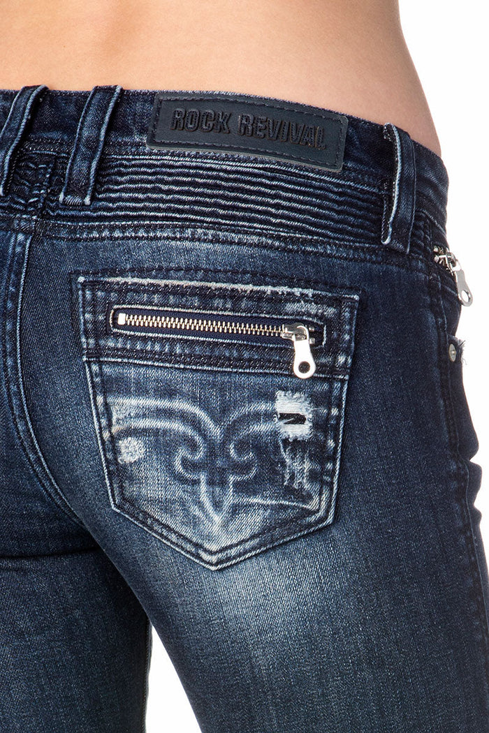 Dunkelblaue Skinny-Jeans mit Ziernähten und Reißverschluss an der Gesäßtasche.