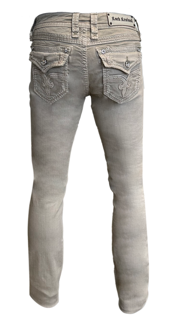 Graue Damen-Jeans mit geradem Schnitt und dekorativen Gesäßtaschen.